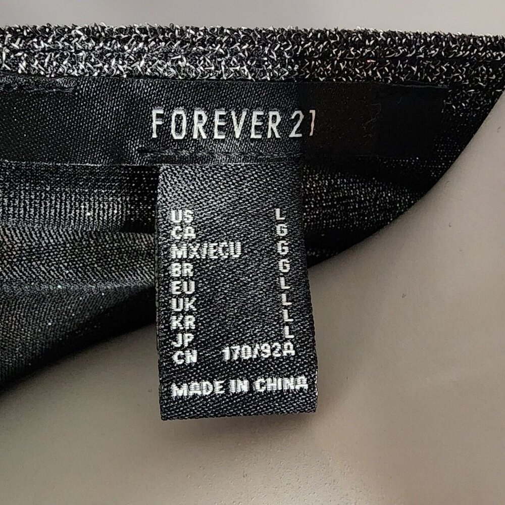 NWT FOREVER 21 Black Silver Glitter Short Sleeve Ruched Front Top Womens Size L - Picture 5 of 8